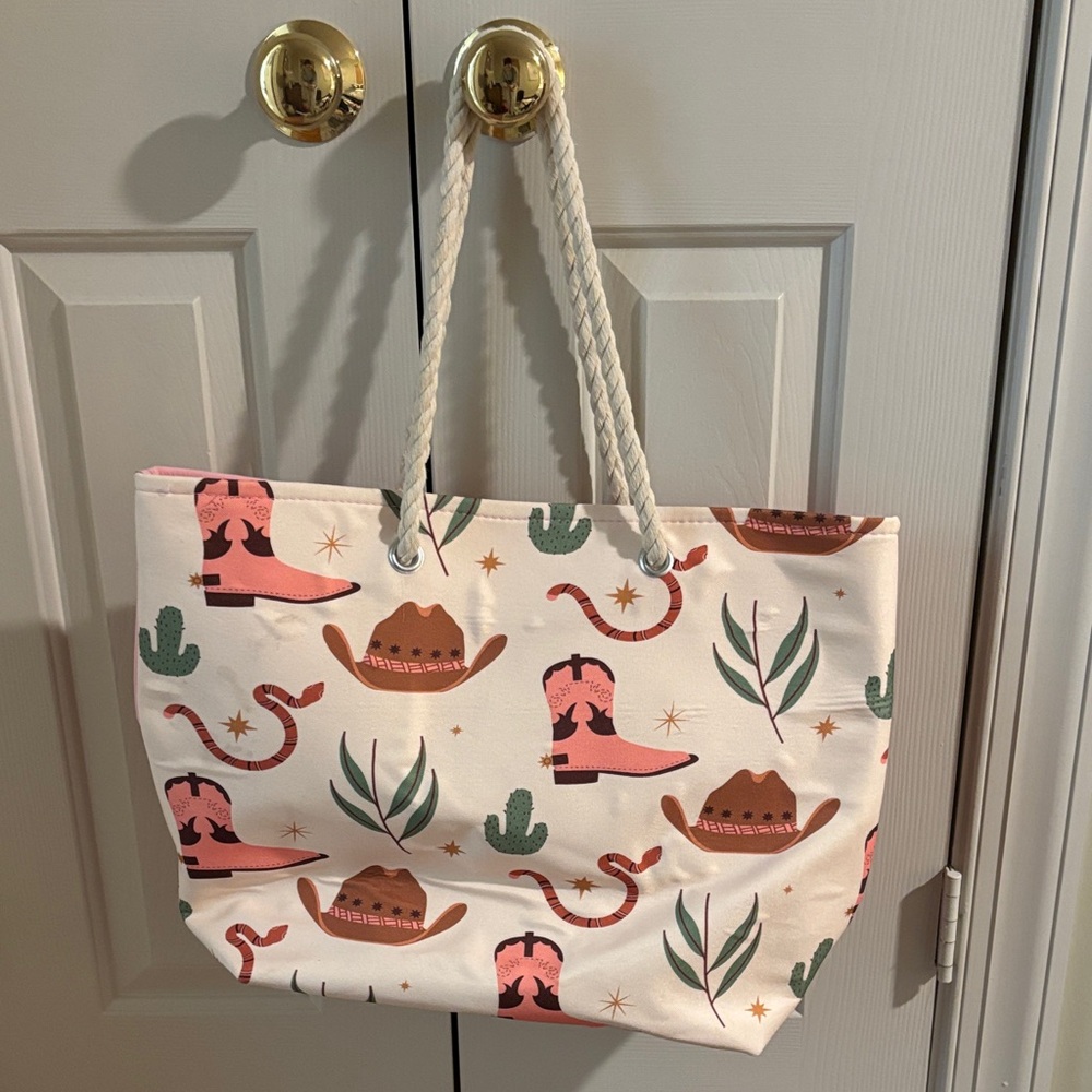 Western Themed Tote Bag - Cream and Pink